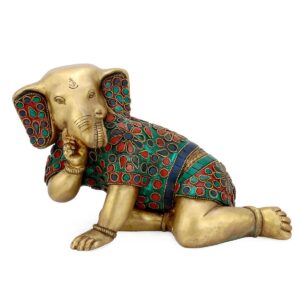 Brass Crawling Baby Ganesha Statue for Home Decor