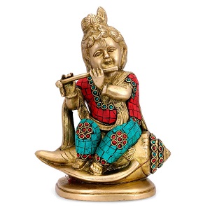 Brass Idol Murti Small Krishna Statue Sitting on Conch Shankh Playing Flute Multicolor
