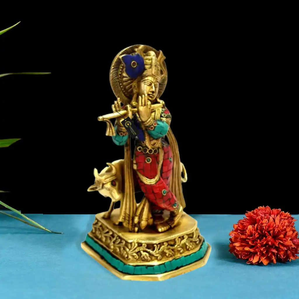 Large Lord Krishna with Cow Brass Statue Idol For Gift