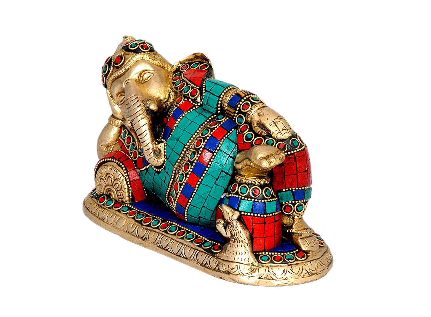 Brass Resting Relaxing Ganesh Inlay Work Figurine