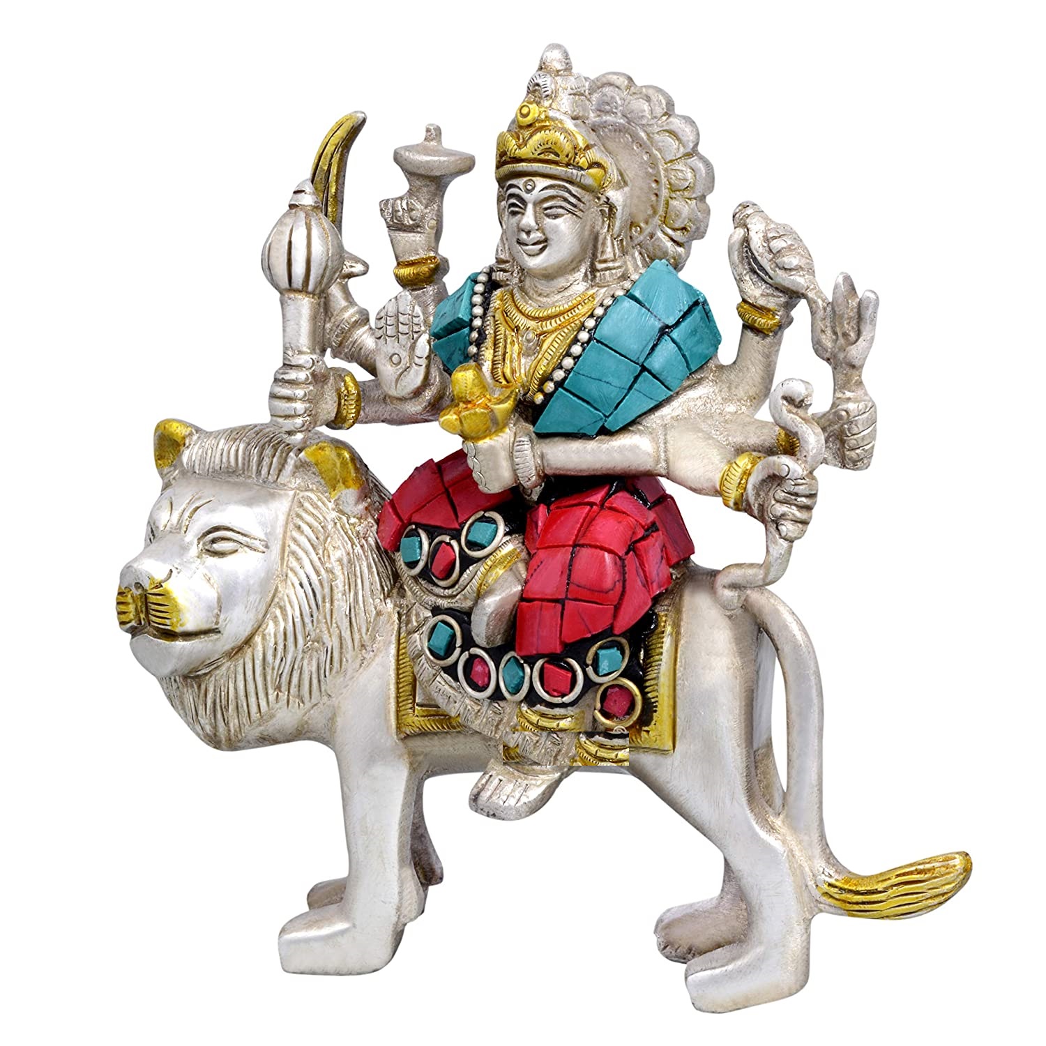 Brass Goddess Durga Statue in Silver Hues For Navratri Pooja
