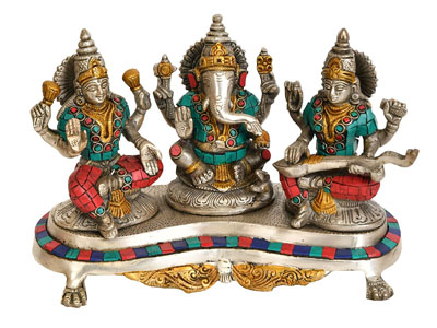 Goddess Lakshmi with Lord Ganesha and Maa Saraswati Decorative Idol