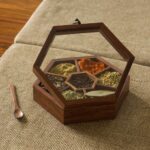 Wooden Hexagonal Spice Box/Masala Dabba/Containers Jars Set for Kitchen with Spoon