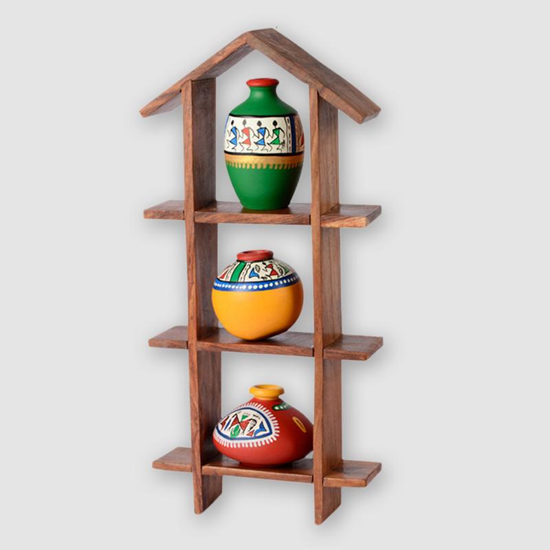 Terracotta Plant Pots Warli With Wooden Wall Hanging 3 pcs