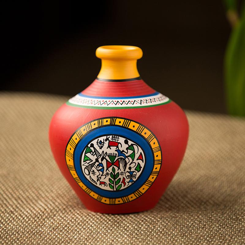 Terracotta Handpainted Warli Vase Matki Neck Red
