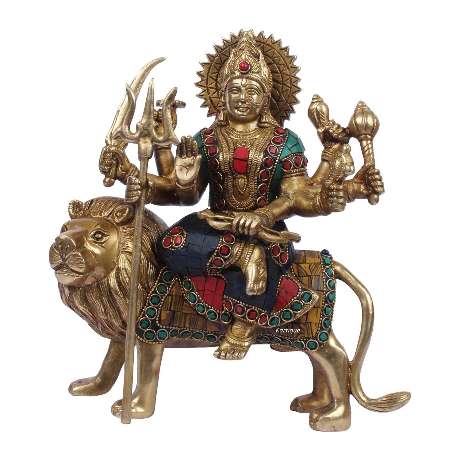 brass Maa Durga Idol sitting on Lion multicolor