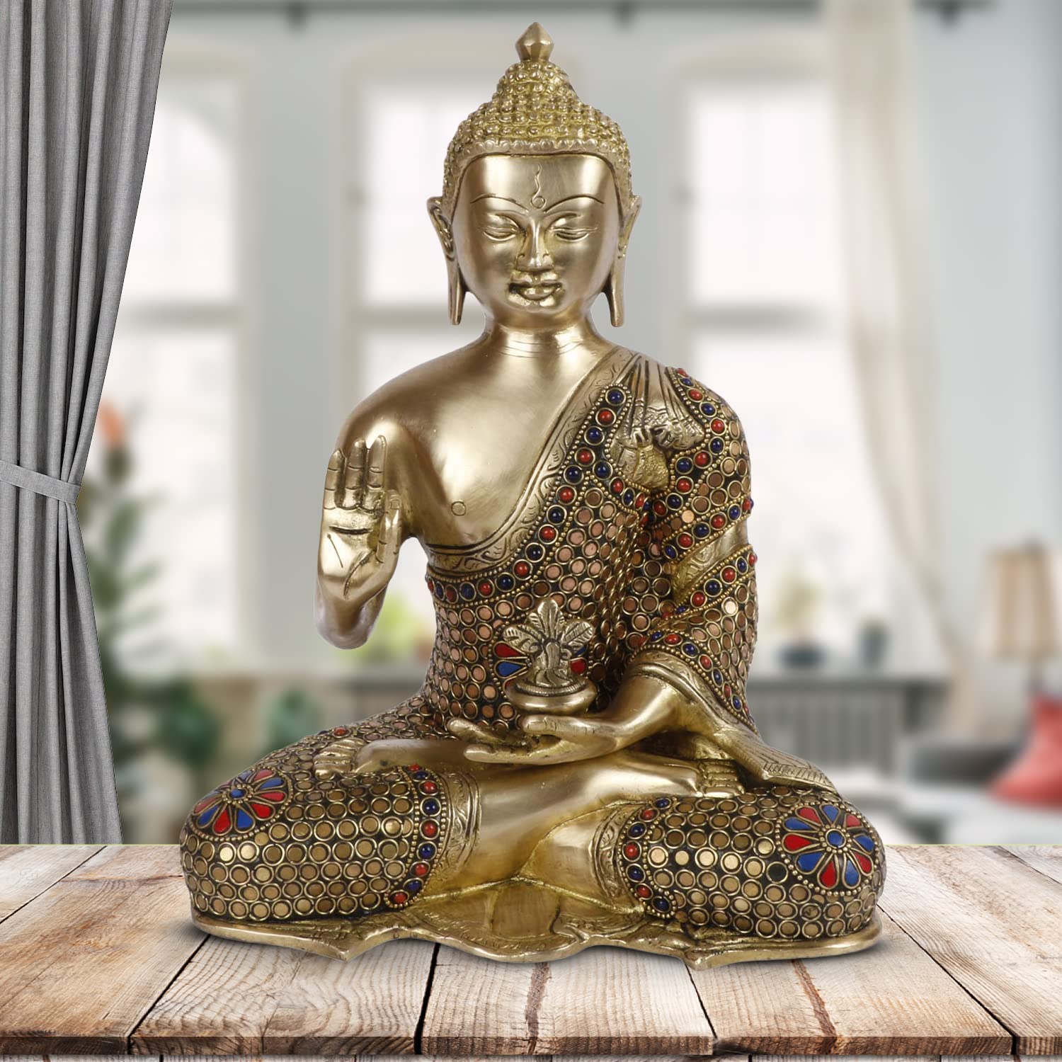 Brass Statue Idol Murti of Buddha in Blessing Colored Decoration - Taajoo