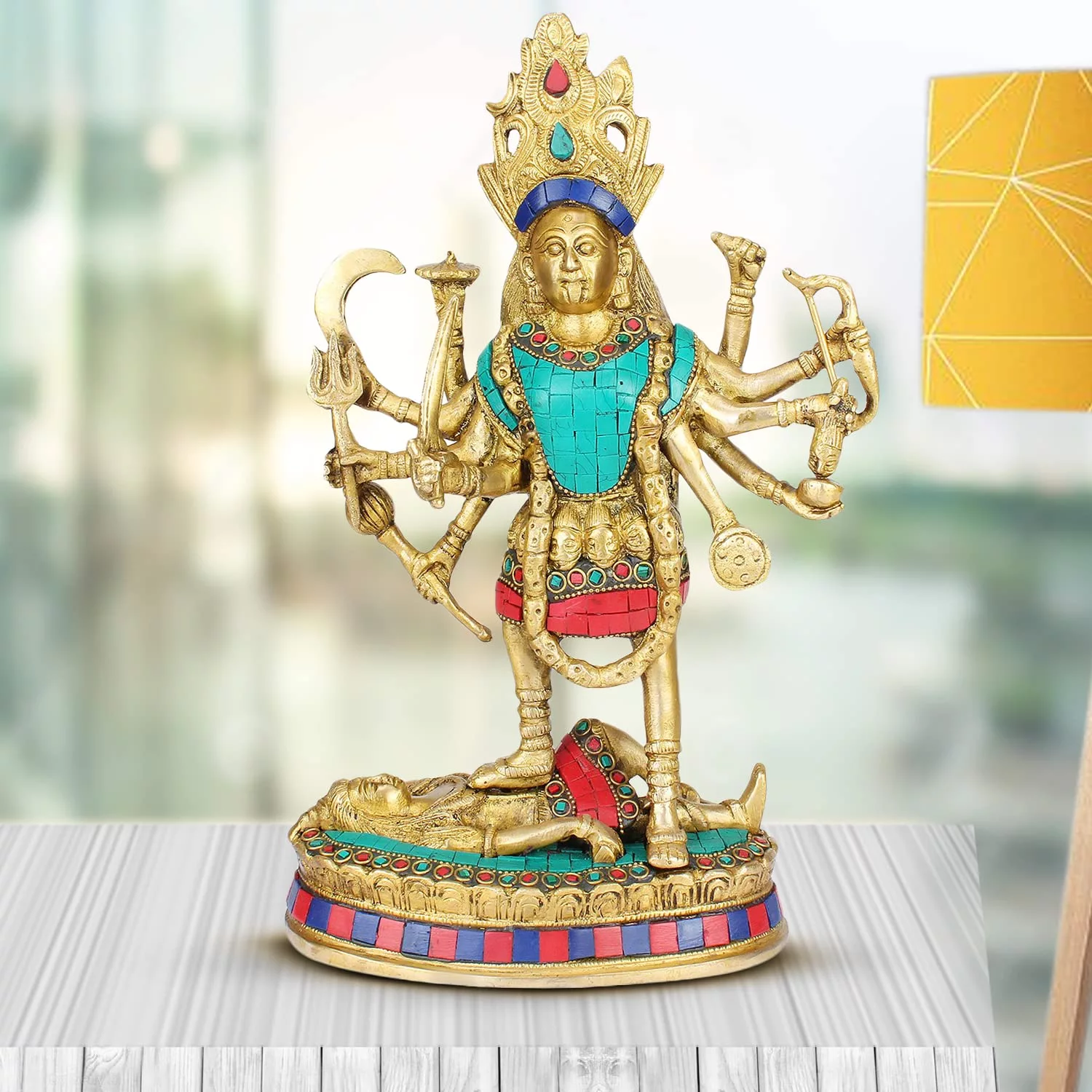 Brass Maa Kali Statue with Color Gemstone Puja Murti Decor