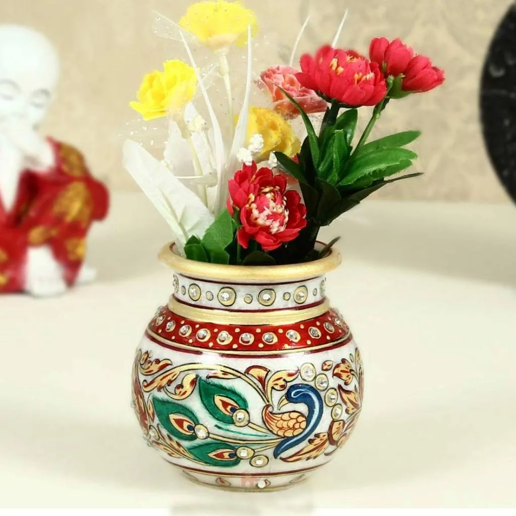 Handicrafts Flower Pot in Round Shape with Peacock Painted