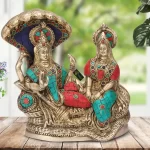 Brass Lord Vishnu with Lakshmi Rest Upon Shesha Naag Multicolor Gemstone