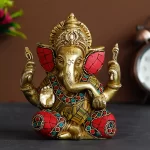 Brass Lord Ganesha with Stone Work Handcrafted Idol