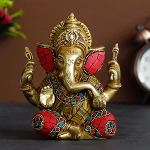 brass ganesha idol with stone work