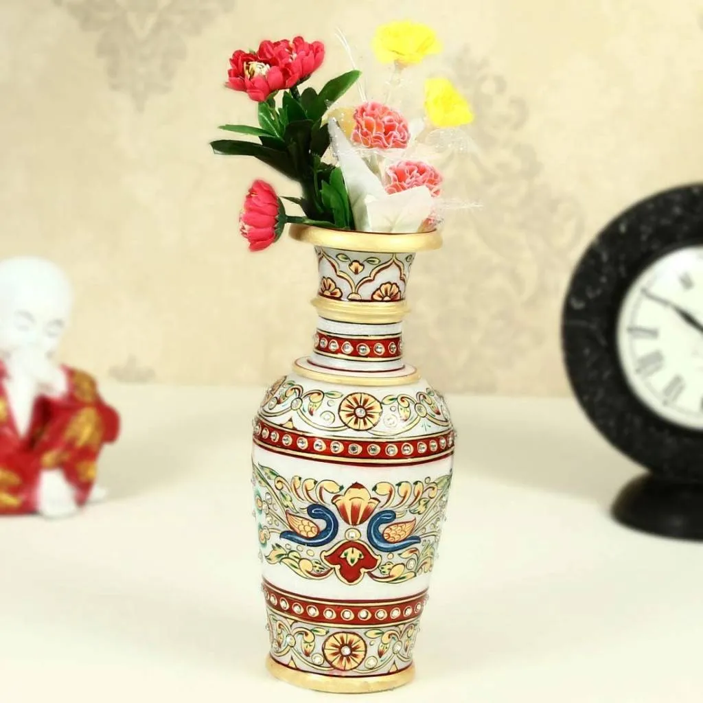 Handicrafts Minakari Marble Flower Vase with Beautiful Peacock Design