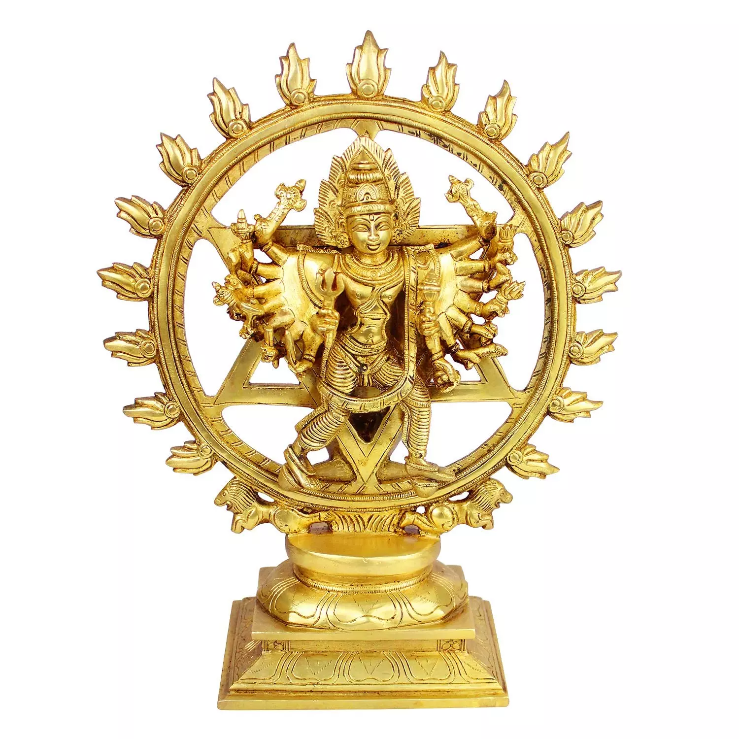 Brass Sudarshan Lord Vishnu with 16 Arms Statue as Sudarshana
