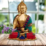 Brass Statue Idol Murti of Buddha in Blessing Colored Decoration
