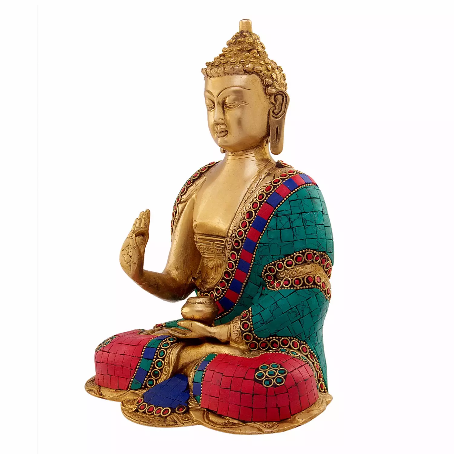 Brass Statue Idol Murti of Buddha in Blessing Colored Decoration - Taajoo