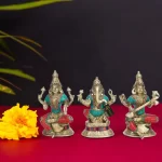 Brass Laxmi Ganesha Saraswati Idol Set Gemstone Handwork
