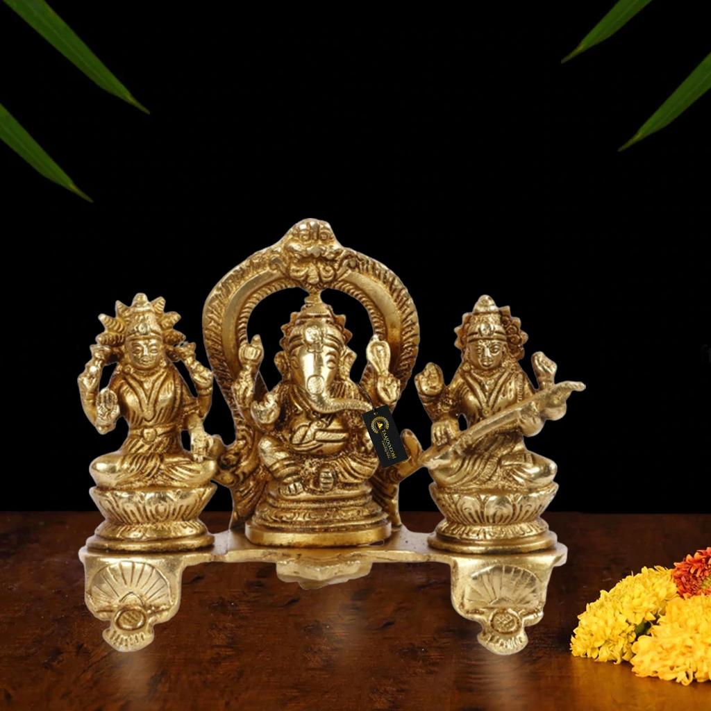 hand-made brass Ganesh, Laxmi, Saraswati idol