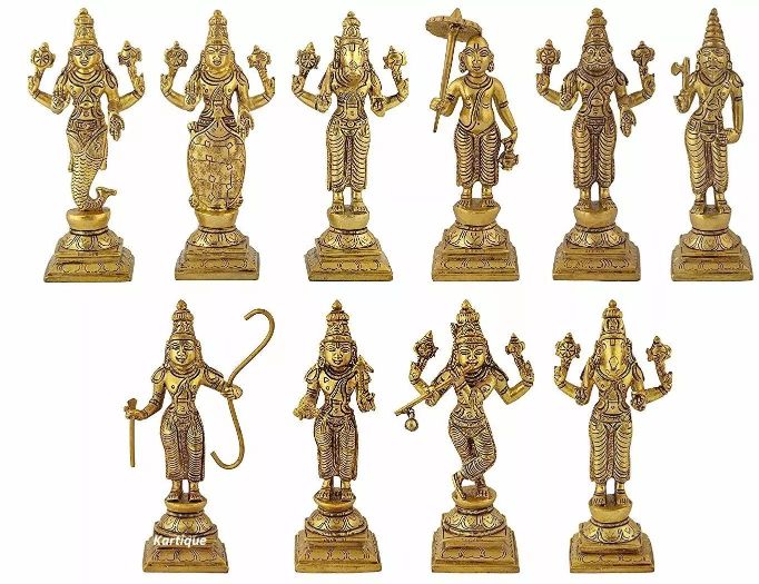 Brass Dasavatharam of Lord Vishnu idol Ten Avatars Idol Ten Incarnations Murti for Mandir Puja