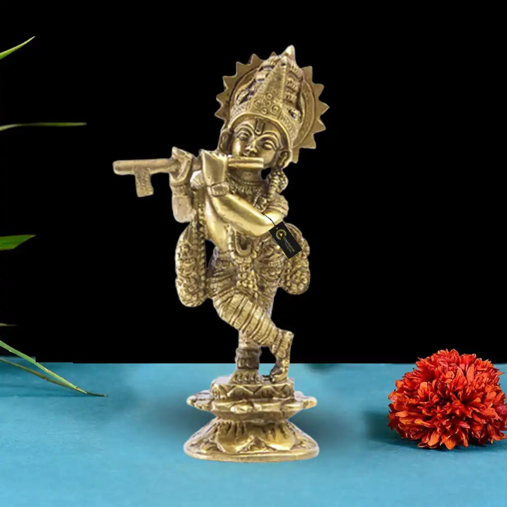 Brass Krishna Bhagwan Murti Idol in Flute Playing Beautiful Pedestal