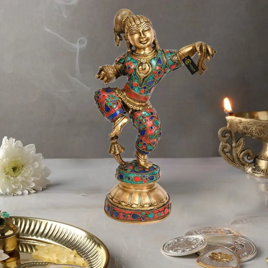 Brass Dancing Baby Krishna With Inlay