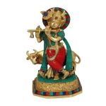 Krishna Idol Hindu God Brass Sculpture Flute Krishna with Cow Figurine