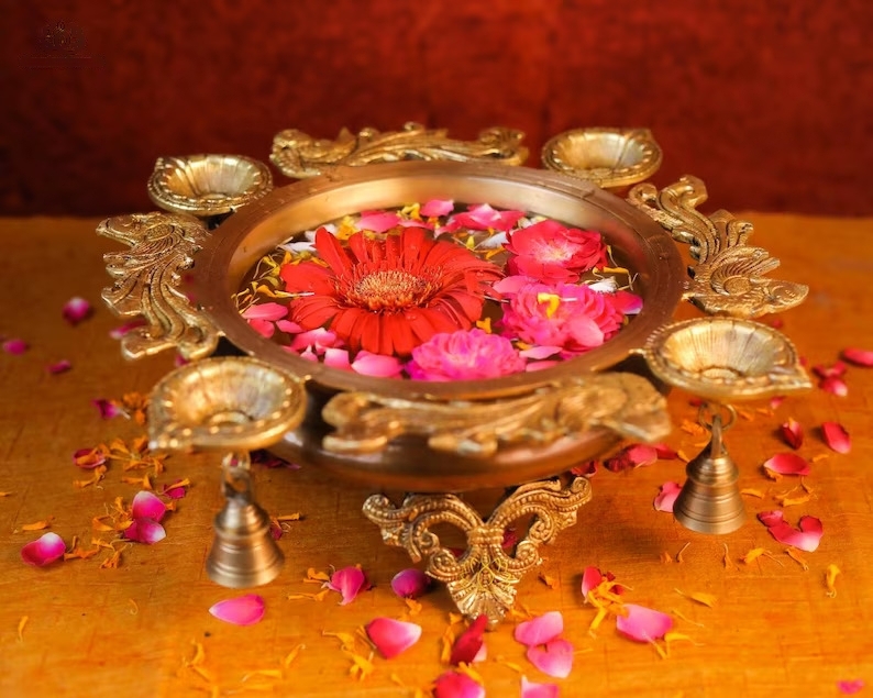 Brass Urli Bowl with 4 Diya holders, Traditional Brass Handicraft