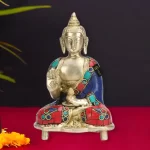 Brass Buddha Statue Sitting Blessing Position Draped in Stone Embellished Shawl