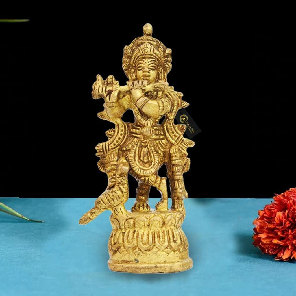 Lord Krishna Playing on Flute Brass Statue