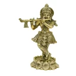 Brass Krishna on Lotus Statue Idol Showpiece Glossy Antique