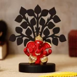 Gold Plated Red Dhoti Ganesha Decorative Showpiece with Wooden Tree