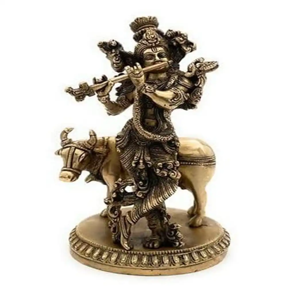 Brass Krishna Standing with Cow and Playing Flute Statue
