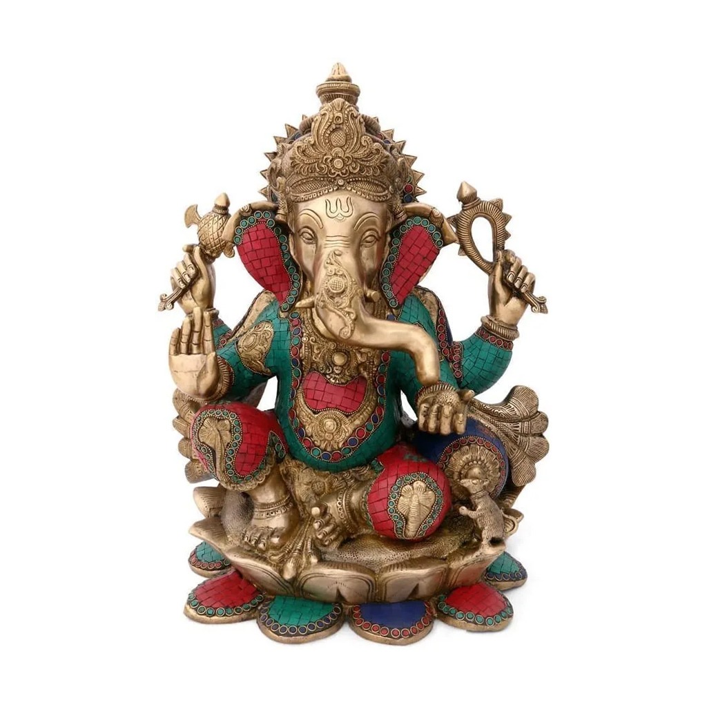 Taajoo Metal Brass Ganesha Ganesh Statue with Exquisite Turquoise