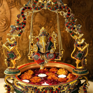 Ganesha Brass Urli With Swing Jhoola Brass Stone Work Statue