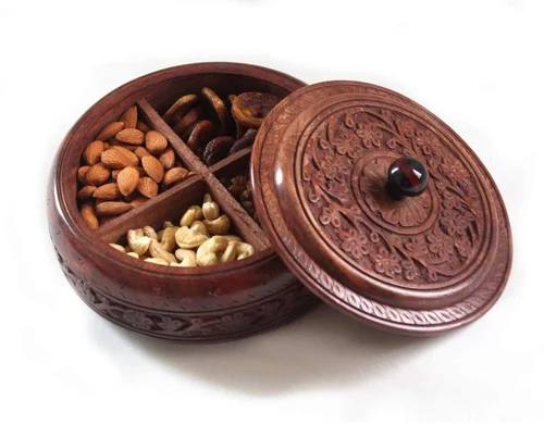 Rosewood Sheesham Wood DryFruit Basket Round Shape Foldebale Handmade & Handcrafted Large Size Serving Tray-Pack of 1