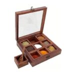 Wooden Spice Box/Masala Box Containers with Spoon for Kitchen