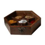 Wooden Hexagonal Spice Box/Masala Dabba/Containers Jars Set for Kitchen