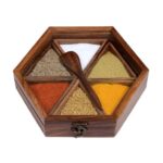 Wooden Spice Box Masala Dani Box for Kitchen 6 Container Jars & Spoon
