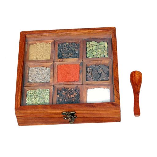 Spice Box for Kitchen Indian Wood Container with Lid Decorative Masala Dabba