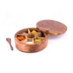 Wood Floral Design Masala Box with Spoon, Round Table Top Masala Dabba 9 Containers for Kitchen