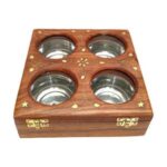 Wooden Dry Fruit/Spice Box with 4 Round Stainless Steel Bowls