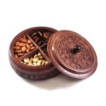 Wooden Dry Fruit Box In Round Shape With 4 Section & Handcrafted