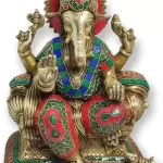 Brass Sitting Ganesha Idol Inlay Stone Villa Decorative Showpiece