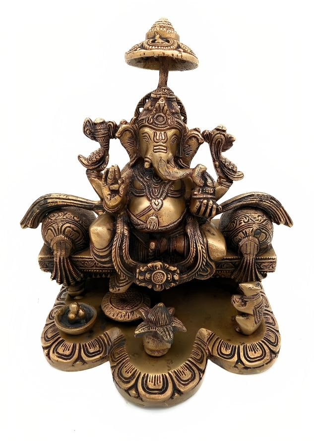 Brass Ganesh Sitting On Throne With Umbrella