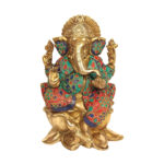 Ganesha Seated on Lotus – Brass Statue with Inlay