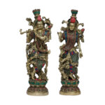 TAAJOO Brass Lord Radha Krishna Playing Flute Standing On Lotus Multicolor Stone Handwork Murti for Gift