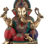 Ganesha Idol Brass Statue with Colorful Turquoise Coral Gemstone