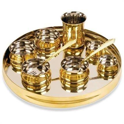 PURE Brass Dinner Set - 6 Pieces, Yellow, Golden