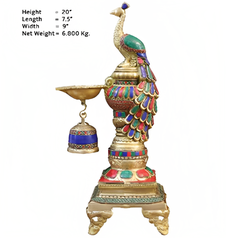 Brass Multicolor Bird Peacock Hanging Chain Diya Oil Lamp Stand with Bell, 20 Inch