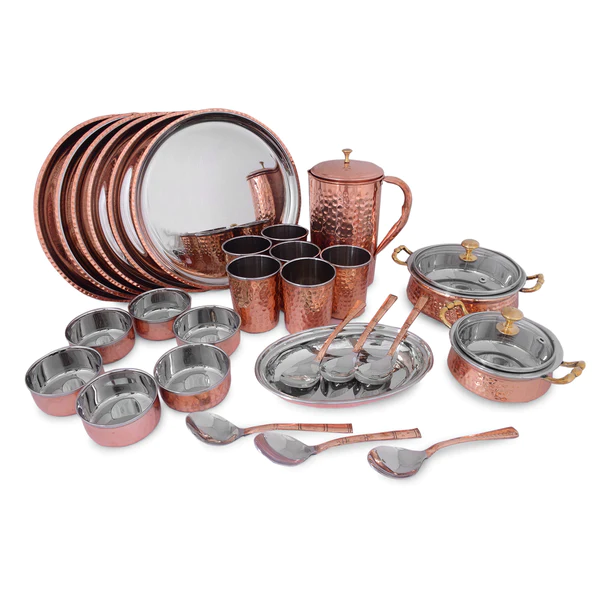 Pure Copper & Stainless Steel Royal Hammered Design Dinner Set 28 Pcs
